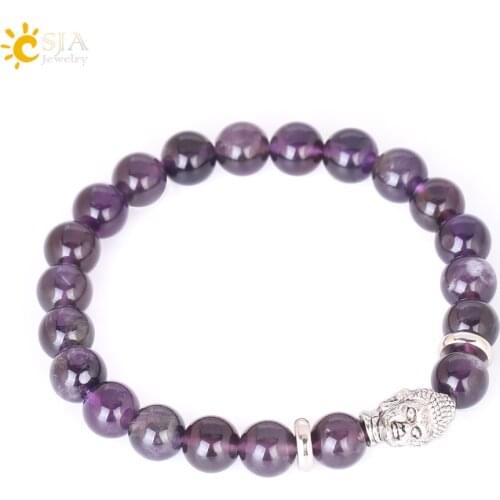 CSJA Men Natural Stone Mala Bead Buddha Bracelets Balance Chakra Amethystine Pink Quartz Lapis Lazuli Bronzite Tibetan Lava F415
