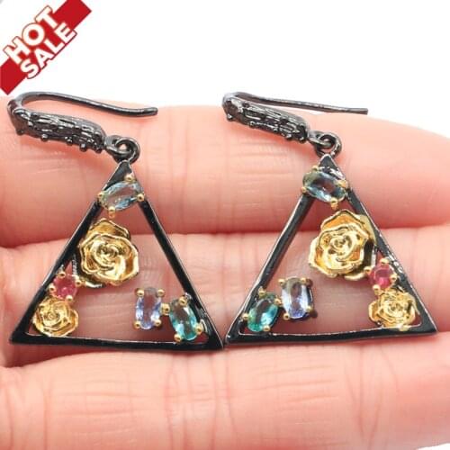 39x26mm Neo-Gothic Multi Color Trangle Created Aquamarine Tanzanite Topaz Cool Black Metal Silver Earrings Pendant Jewelry Set