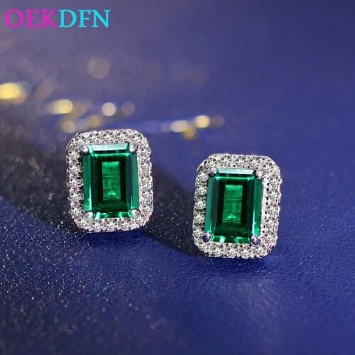 OEKDFN Vintage 925 Sterling Silver Stud Earrings For Women Natural 6*8MM Emerald Gemstone Fine Jewelry Ladies Christmas Gift