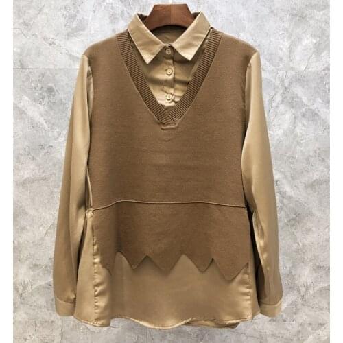 Autumn Sweaters 2021 High Quality Fashion Pullovers Women Turn-down Collar Shirt Patchwork Long Sleeve Grey Brown Apricot Tops