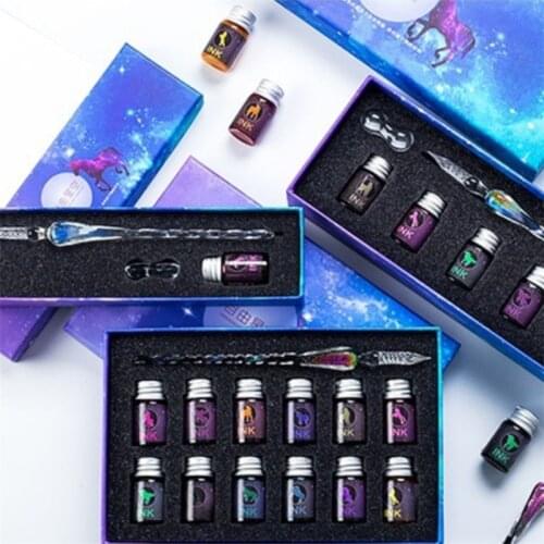 Rainbow Glass Fountain Pen Water Set Student Crystal Dip Pen Gift Box Handmade Fountain Pens School Supplies