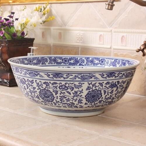 Blue and white chinese wash basin Jingdezhen Art Counter Top ceramic sink to bathroom