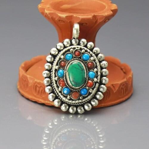 Tibetan Jewelry Prayer Box Pendants Copper inlaid Stone Oval Prayer Box Pendant Tibet Ghau TGB297