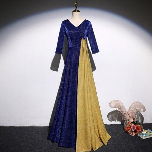 Evening Dress Zipper Back Simple Sequins Half Sleeves Pleat A-Line Fashion Empire Floor-Length Party Formal Dresses Woman B1064