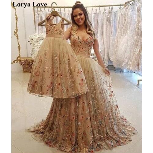 Champagne Evening Dresses 2020 Spaghetti Straps Mother And Daughter Prom Dresses For Wedding Formal Party Night Vestidos Largos
