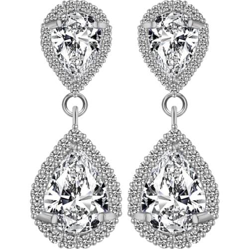 UFOORO Created White Gold Earring For Womens Fashion Shuning Clear Water Drop Zirconia Tear Drop Design Stud Earrings