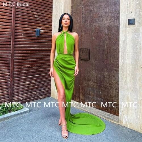 New 2021 Backless Long Prom Dress With Train High Slit Pleats Satin Maxi Formal Occasion Party Gowns For Prom Robe De Soiree