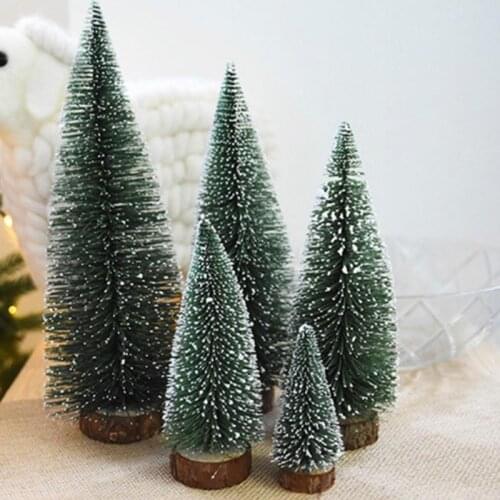 1PC Mini Christmas Tree With Wood Base Small Wooden Snow Pine Needle Tree Desktop Table Ornaments Navidad Xmas Decoration