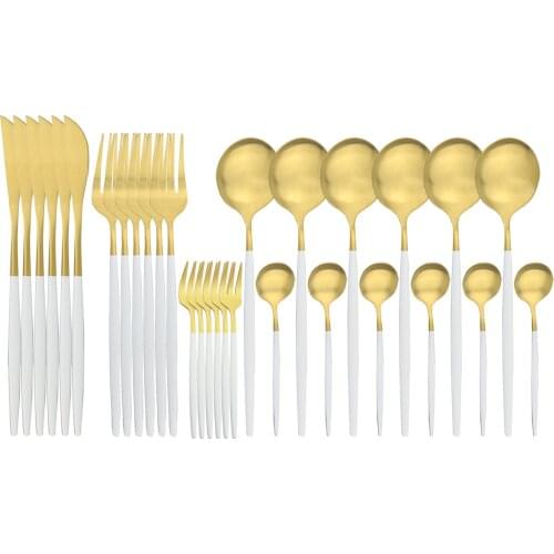 30Pcs White Gold Dinnerware Stainless Steel Cutlery Set Knives Cake Forks Coffee Spoon Flatware Set Kitchen Silverware Tableware