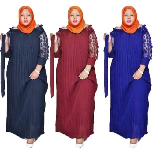 African Dress For Women Dashiki Africa Clothing Sexy Lace Flowers Splicing Muslim Dresses Africa Plus Size Pleated Dress Lady