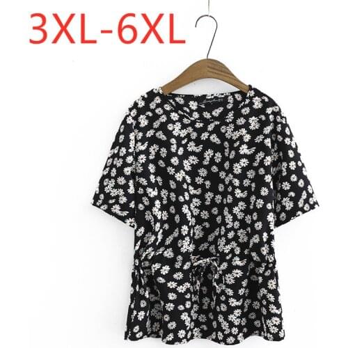 New 2021 summer plus size tops for women large blouse short sleeve casual loose floral print belt shirt black 3XL 4XL 5XL 6XL