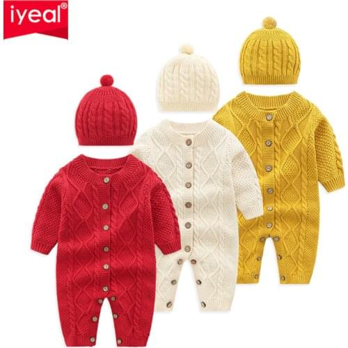 IYEAL Newborn Baby Boy Girl Christmas Costume Cotton Knitted Baby Rompers With Hat 2PCS Winter Crawling Kids Clothes Jumpsuit