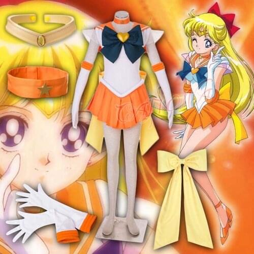 Cheapest Sexy Sailor Gilrs SuperS Minako Aino Sailor Venus Cosplay Costume Sexy Mini Dress Halloween