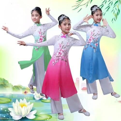 Child chinese folk dance costume girl performance fan dance costume chinese classic umbrella dance outfit for stage costume 90