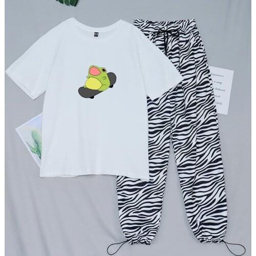 Aesthetic Cute Frog on Skateboard T Shirt Harajuku Cotton Striped Pant All-match Two-piece Suits Girl High Waist Joggers Ulzzang