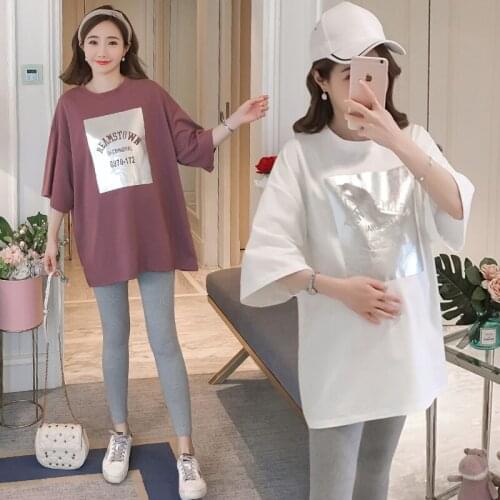 Summer Korean Fashion Cotton Maternity Tees Large Size Loose T Shirt Clothes for Pregnant Women Pregnancy Casual Tops