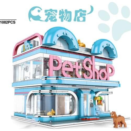 City Street Pets Shop Creative Sets Blocks Building Kits Bricks Kids Toys Animal Dog Cat Model Friedns Store View Mininature