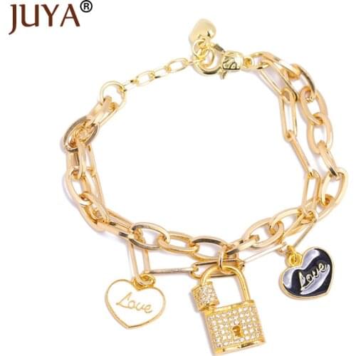 JUYA Fashion Charm Bracelets Cubic Zircon Double Layer Chain Bracelet For Women Adjustable Steampunk Lock Chunky Chain Bracelets
