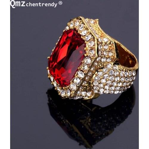 Newest Gold Ice Out Shiny Full Crystal Red Stone Gem Ring Hip Hop Bling Rock Punk Size For Men Women Tide Brand Rings Jewelry