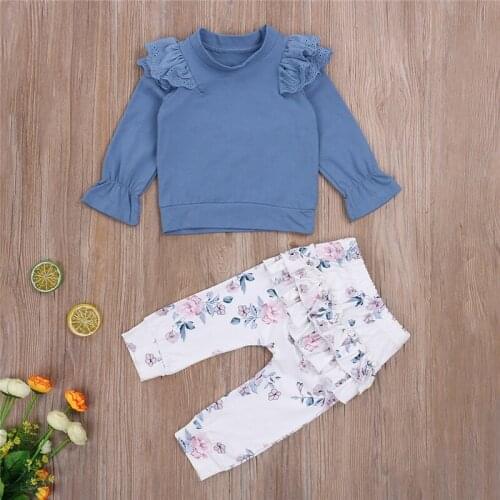 2 Pcs Infant Ruffle Outfits Toddler Long Sleeve Round Neck Solid Color Pullover + Floral Trousers