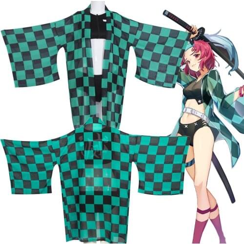 Anime Demon Slayer Swimsuit Kimetsu no Yaiba Cosplay Costume Kamado Tanjirou Summer Bathing Suit Beach Swimwear Kimono Summer