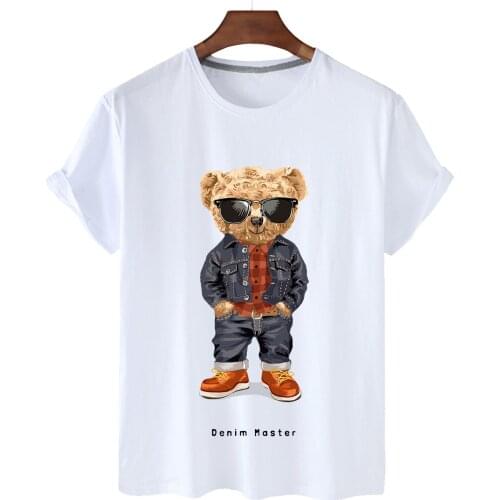 Pure Cotton Cool Sunglasses Bear Print Short Sleeve O-neck Loose Casual Top T-shirt Female Oversized T-shirt Half Sleeve S-3XL
