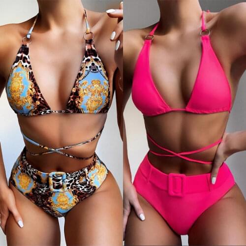 2021 Summer New Swimsuit Print Halter Bikini Ladies Fashion Sexy High Waist Split Swimsuit