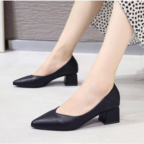 Ol Office Lady Shoes Chunky Heels Dress Shoes Women Pumps Medium Heels Boat Shoes Woman Pointed Toe Ladies Shoes 77L41