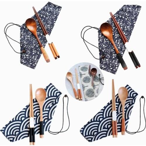 Chopsticks and Spoon Set Vintage Japanese Style Wooden Flatware for Travel Home