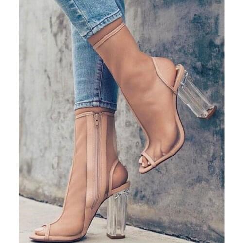 Sexy Transparent Chunky Heels Socks Boots Peep Toe Side Cut-out Banquet Dress Shoes Black Mesh Square Heels Ankle Boots