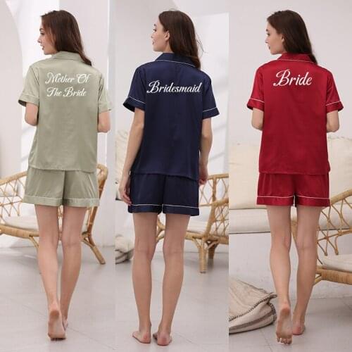 Women Satin Pajama Sets Bride Bridesmaid Pyjamas Turn-down Collar Sleepwear Short Sleeve Pajamas Set Nightwear 2 Piece Set