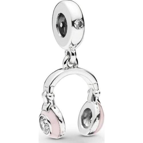Genuine 925 Sterling Silver Pink Headphones Charm With Crystal Pendant Beads Fit Pan Bracelet & Necklace Diy Jewelry