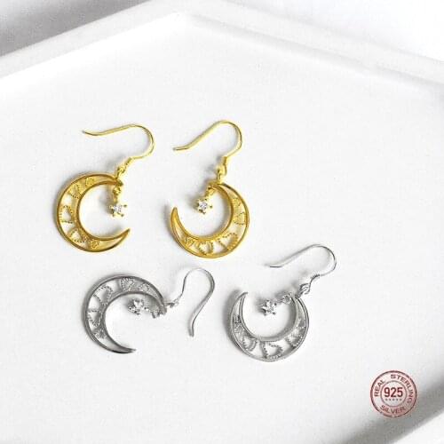 LKO 925 Sterling Silver Moon Hollow Out Love Heart-Shaped Hook Earrings For Women Girl Zircon Crystal Stud Earring