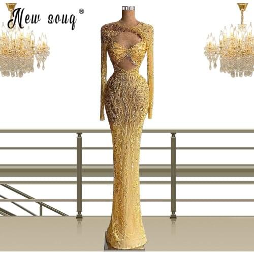 Chic Illusion Beads Evening Dress Long Sleeve Mermaid Sequined Prom Gwons Arabic Cocktail Dress For Party Wear vestido de festa