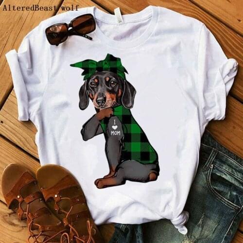 Dachshund I Love Mom T-shirt Women Summer Harajuku Mama mom T-shirt Plaid Bandana Female 2021 Dog Short Sleeve Tshirt Clothes
