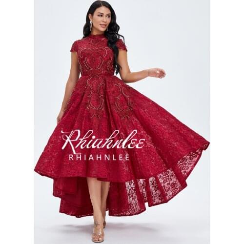 Wine Red High Neck Evening Dresses 2020 Cap Sleeve Front Short Back Long Formal Dress Luxury Lace Asymmetrical Evening Gowns