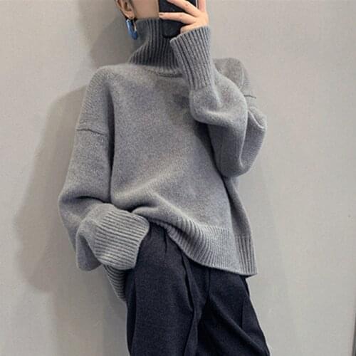 Womens Turtleneck Long Sleeve Sweater Oversize Pullovers Top Female Autumn Solid Gray Khaki Knitted Sweaters for Women Knitwear