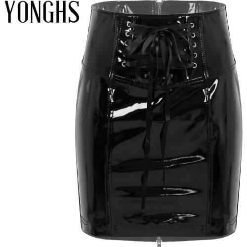Womens Patent Leather Lace-up Skirt High Waist Zipper Back Skirts Skinny Fitted Sexy Pencil Skirts Clubwear For Party Festival