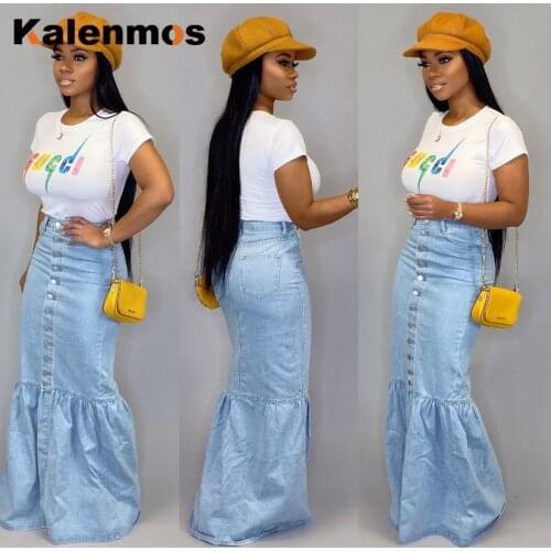 Bud Denim Jeans Women KALENMOS Long Skirt Stretch Vintage Bandage Slim Fit Blue Club Streetwear Sexy Harajuku Skirts Plus Size