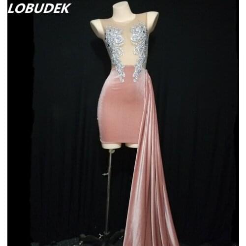 Women Birthday Prom Rhinestones Dress Mesh Transparent Velvet Wrap Hips Sleeveless Tailing Dresses Singe Host Stage Show Costume