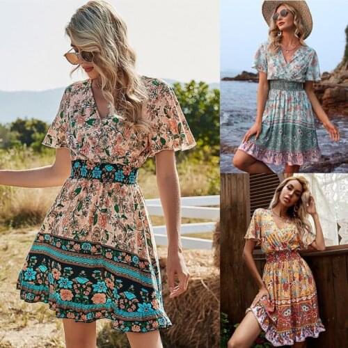 Платье Summer Dress Woman Vestidos Mujer Verano Dresses For Women 2021 Short Sleeve V-Neck Print Women A -Line Patchwork Beach
