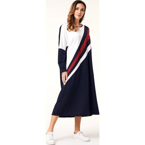Spring Summer New Womens Fashion Loose Asymmetric Stitching Long-sleeved Knitted Fabric Long Dress