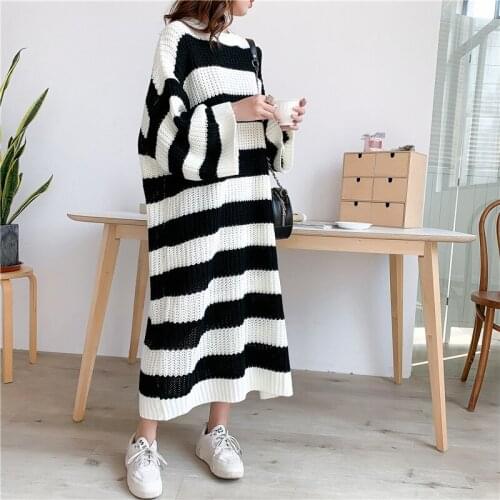 Stripe Crew Neck Pullover Sweater Dress Women 2020 Spring New Lazy Wind Loose Casual Large Size Vintage Long Knit Dress Female
