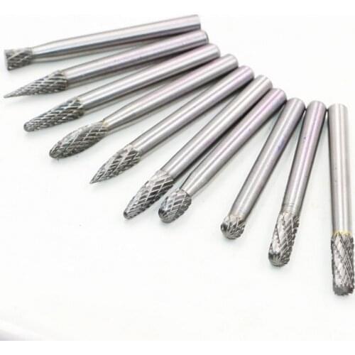 10Pcs/set 6mm Shank Tungsten Carbide Burr Bit Milling Cutter Rotary Tool Burr Double Diamond Cut Rotary Tools Electric Grinding