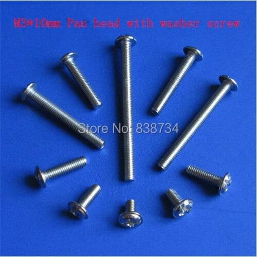 200pcs m3*10 nickel plated steel cross recessed round head screws with washer PMW screw
