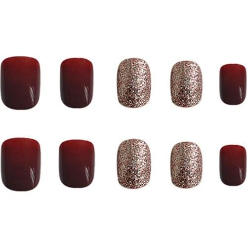 24pcs Burgundy Brilliant Gold Wear Short Paragraph Fashion Manicure Patch False Nails Save Time Wearable Nail Patch