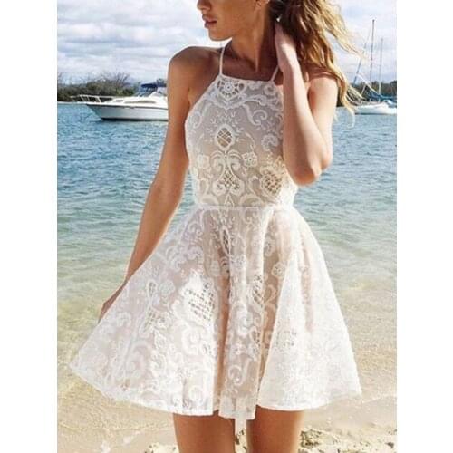 White Short Dresses A-Line Halter Above Knee, Mini Lace Sexy Short Dresses With Spaghetti Strap