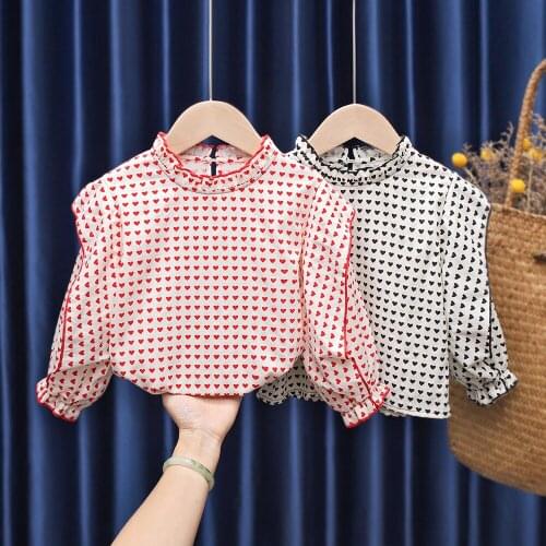 Fashion Baby Girls Blouse Children Heart Ruffles Lace Spring Shirt Cute Toddler Kids Tops Long Sleeve Princess Cotton Clothing