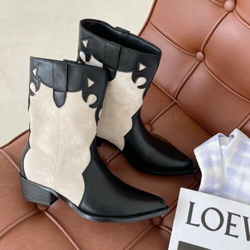 Brand Boots Women Pointed Toe Ankle Boot Thick Square Heel Slip On Casual Western Cowboy Boots Autumn Winter Shoe Botas De Mujer