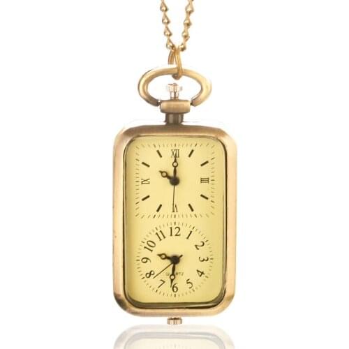 Bronze Pocket Watch Exquisite Pendant Chain Rectangle Retro Style Women Necklace Quartz Watch Double Time Zone Cute Child Gift